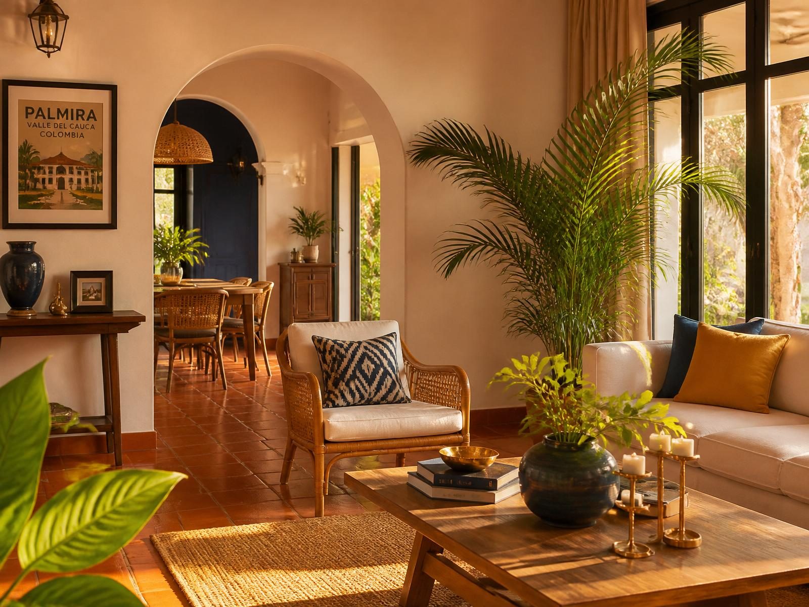 Sala luminosa de una vivienda en Palmira con arco, plantas tropicales y luz cálida